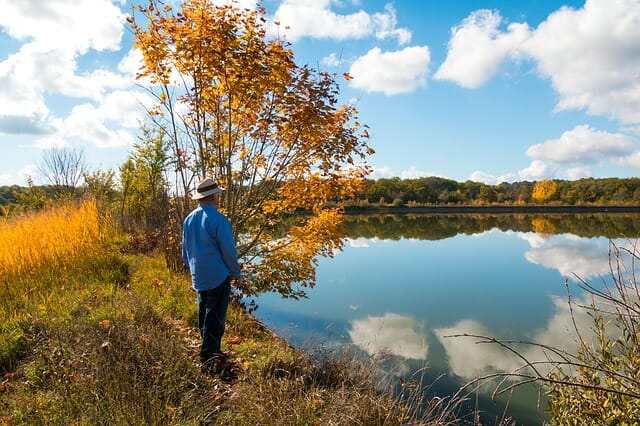 foto man kijkt over vijver